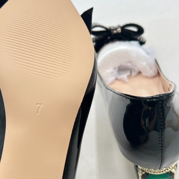 FSJ Black Pointed Toe Crystal Pump Rhinestone Bow Block Low Heel Slip On Shoes - Picture 6 of 8